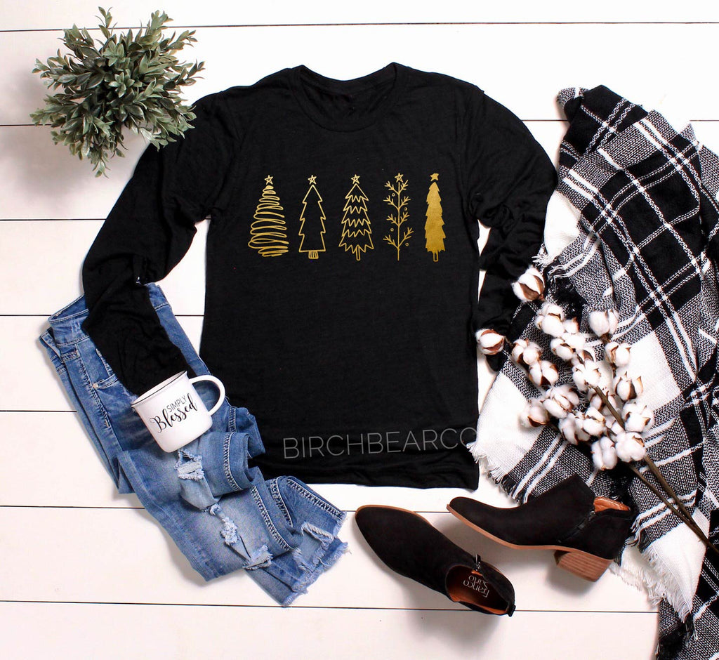 Gold Drawn Christmas Trees Long Sleeve Shirt freeshipping - BirchBearCo