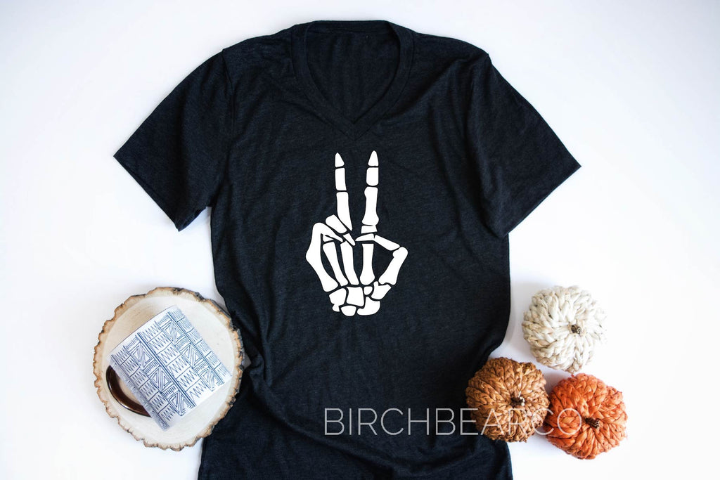 Peace Skeleton Shirt | Halloween Shirt | Unisex V Neck freeshipping - BirchBearCo