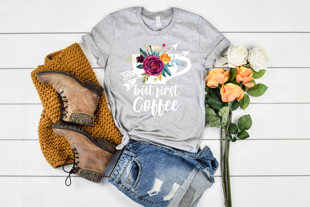 But First Coffee Floral Mug Shirt | Unisex Crew freeshipping - BirchBearCo