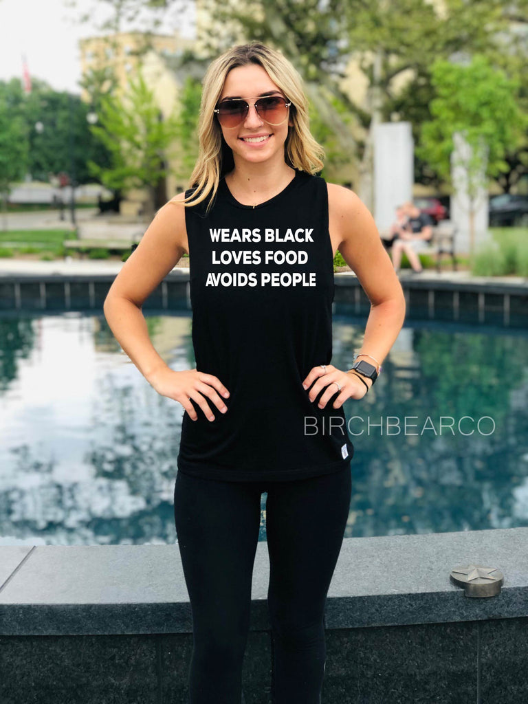 Wears Black Loves Food Avoids People Yoga Shirt freeshipping - BirchBearCo