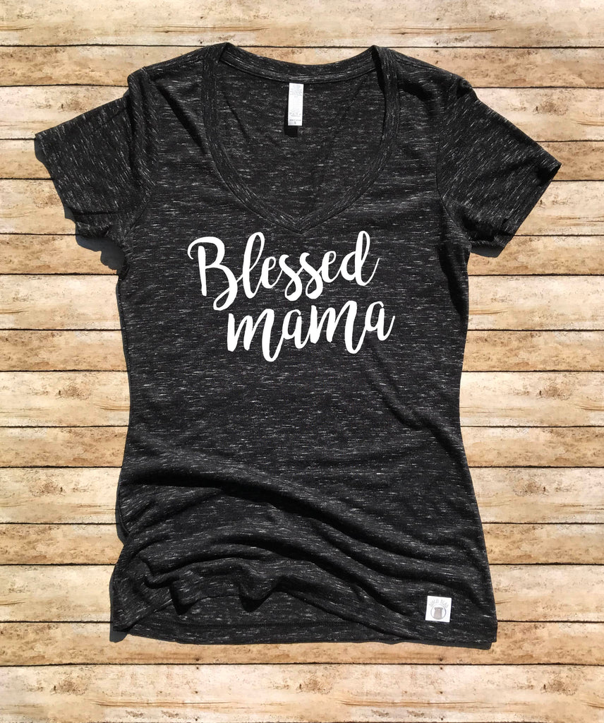 Women's Form Fitted V-Neck Blessed Mama Cursive - Mama T shirt freeshipping - BirchBearCo