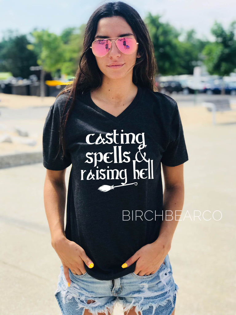 Casting Spells And Raising Hell Shirt | Halloween Shirt | Unisex V Neck freeshipping - BirchBearCo