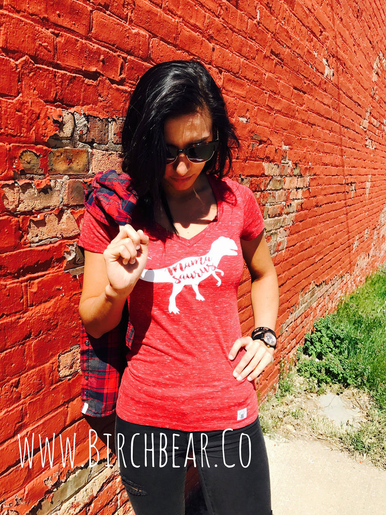 Women's Form Fitting V-Neck Mamasaurus - Mom Dinosaur Shirt - Funny Mom Shirt freeshipping - BirchBearCo