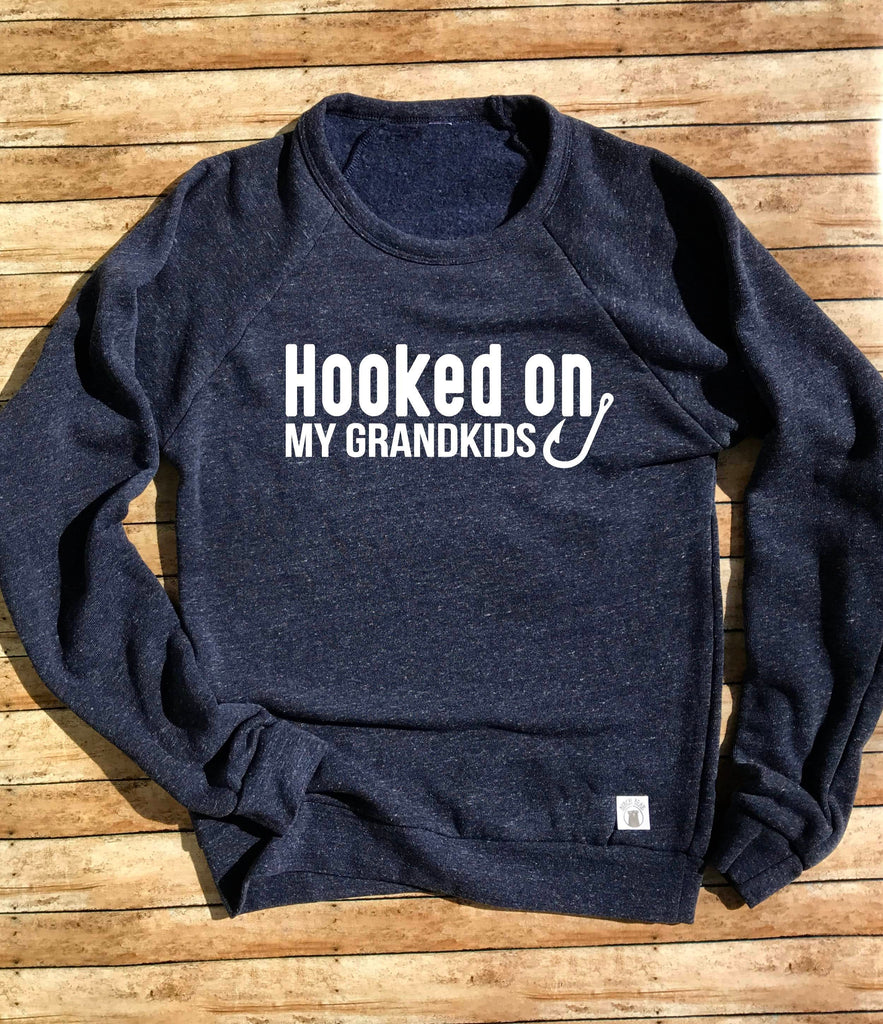 Tri-Blend Crew Neck Sweatshirt Unisex - Hooked On My Grandkids - Grandpa Fishing Sweatshirt - Grandpa Fish freeshipping - BirchBearCo