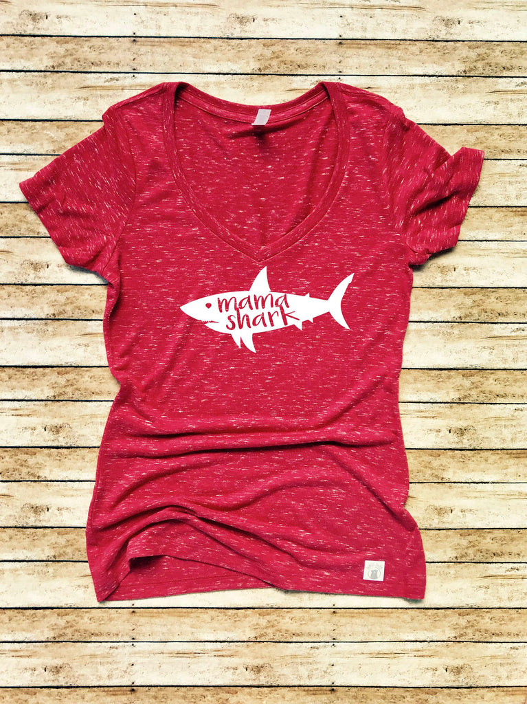 Women's Form Fitting V-Neck Mama Shark - Mom Shark Shirt - Funny Mom Shirt - freeshipping - BirchBearCo