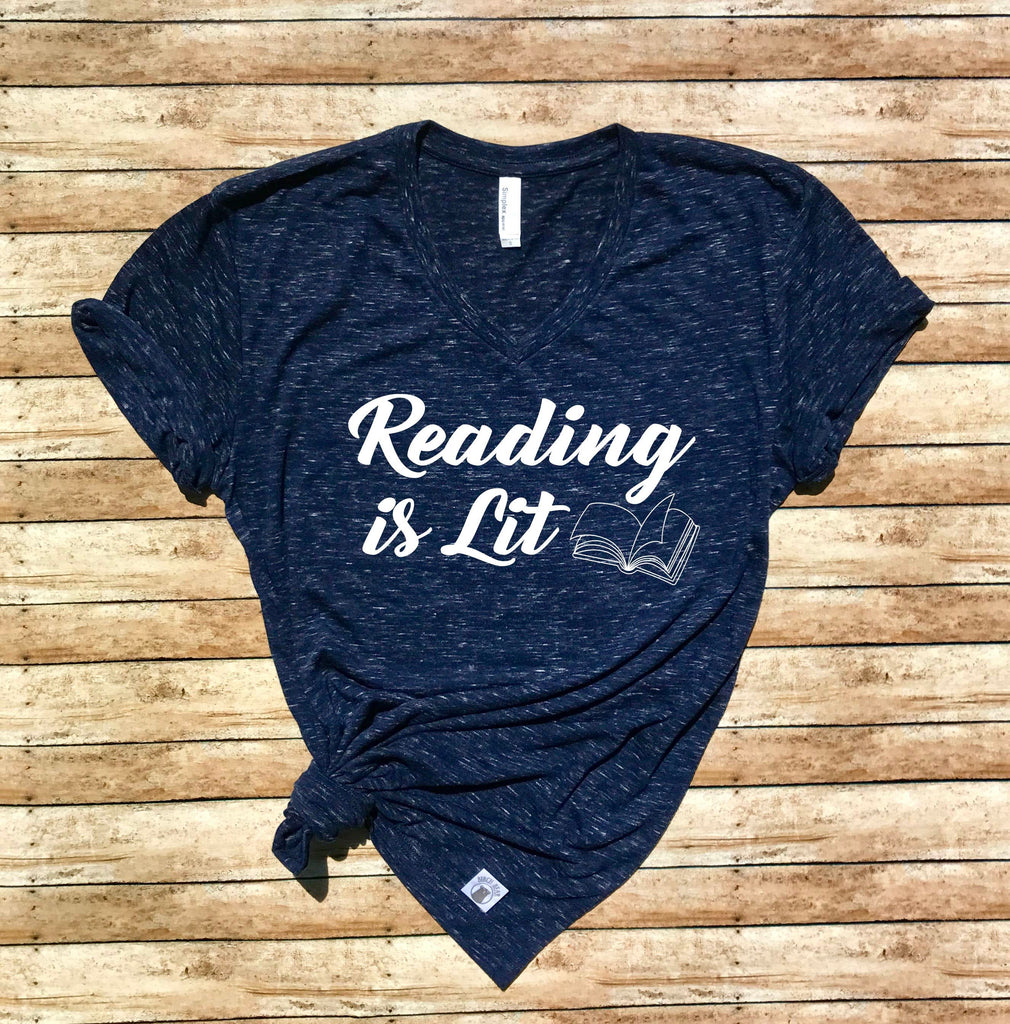 Reading Is Lit Book Shirt - Reading Shirt Book Lover Gift - Book Reader Shirt - Teacher Shirt - Funny Teacher T Shirt Unisex V Neck T Shirt freeshipping - BirchBearCo