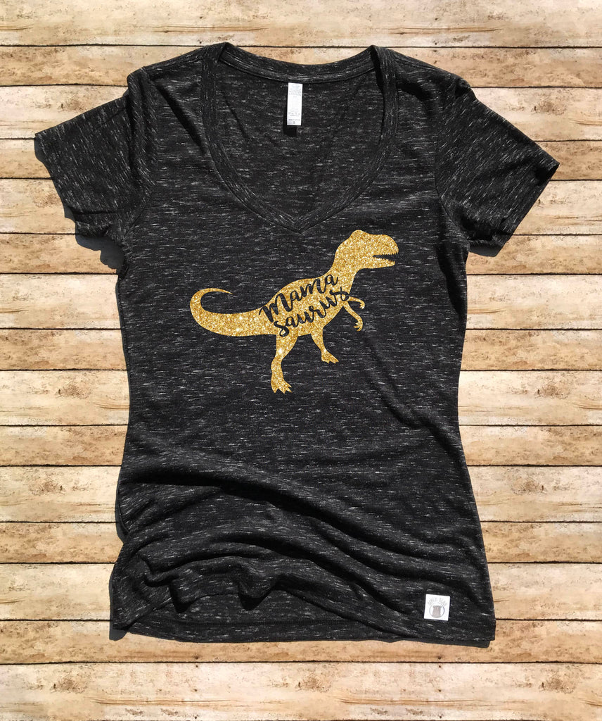 Women's Form Fitting V-Neck Mamasaurus Shirt - Mom Dinosaur Shirt - Funny T Shirt - Mama Saurus Shirt - Dinosaur Birthday Shirt Gold Glitter freeshipping - BirchBearCo