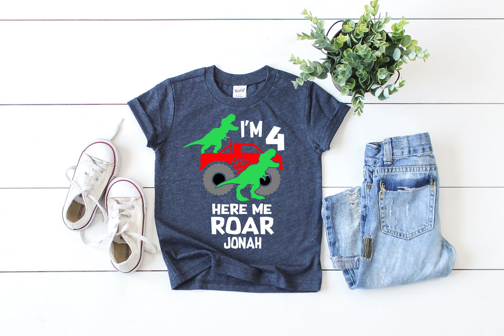 Kids Custom Dino Monster Truck Birthday Shirt | Childrens Unisex freeshipping - BirchBearCo