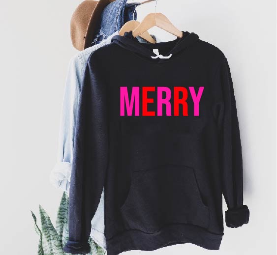 Merry Hot Pink and Red Hoodie | Christmas Hoodie | Soft Unisex Fleece Hoodie freeshipping - BirchBearCo