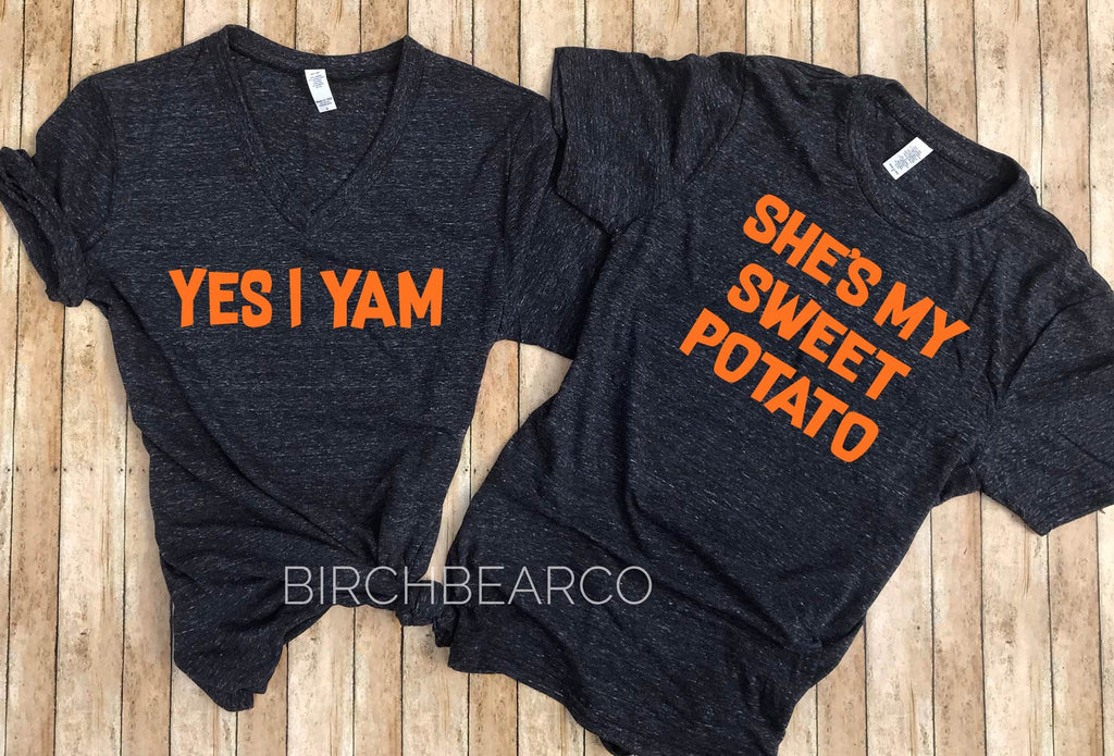 Tri-Blend V-Neck Shes My Sweet Potato Yes I Yam - Funny Thanksgiving Shirts - Matching Thanksgiving Shirts freeshipping - BirchBearCo